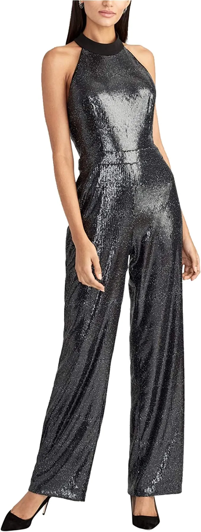 RACHEL Rachel Roy Womens Sequined Halter Jumpsuit Black 6