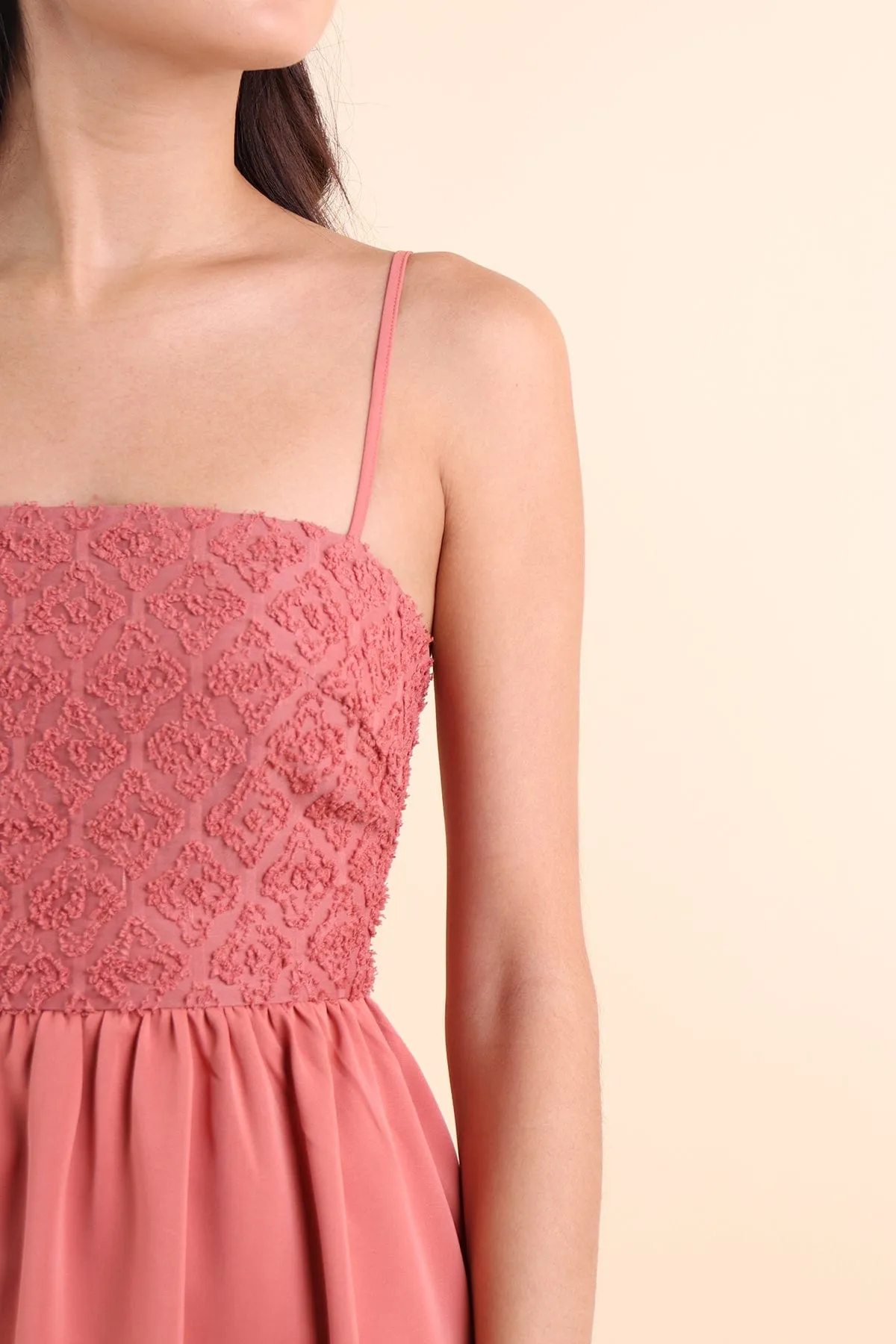 RAINA FURRY ROMPER SPAG DRESS IN REDWOOD