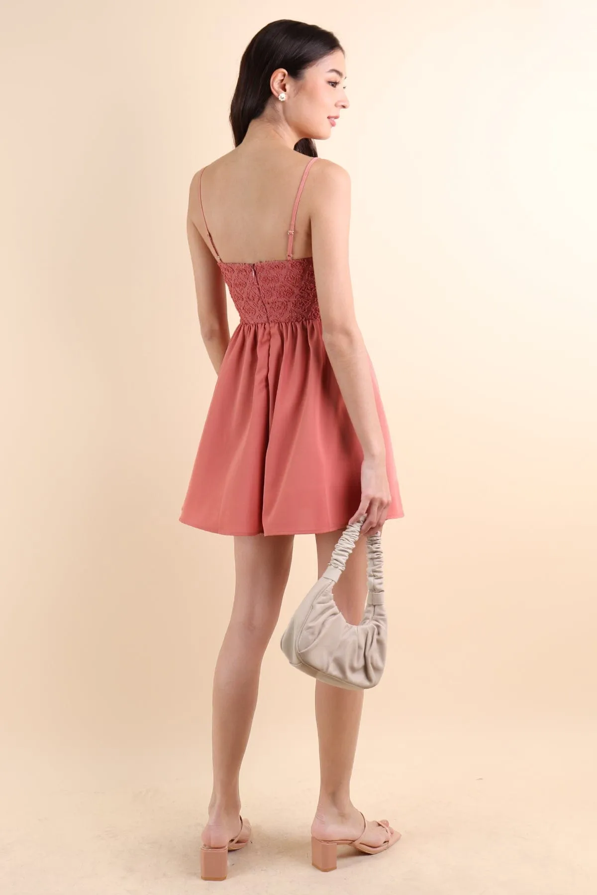 RAINA FURRY ROMPER SPAG DRESS IN REDWOOD