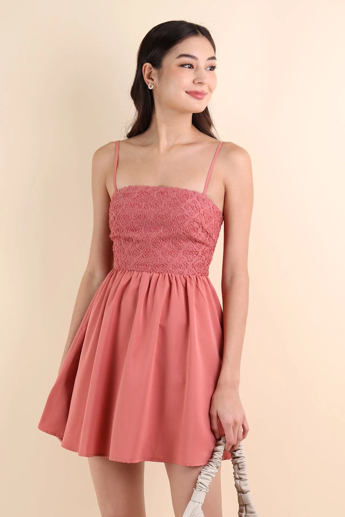 RAINA FURRY ROMPER SPAG DRESS IN REDWOOD