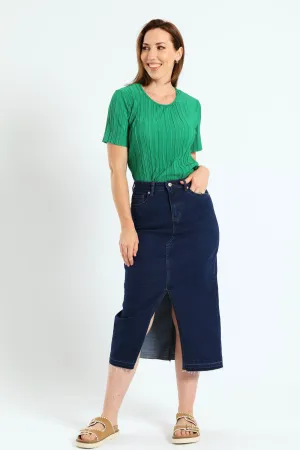 Raw Hem Front Slit Denim Midi Skirt - Dark Wash Ink