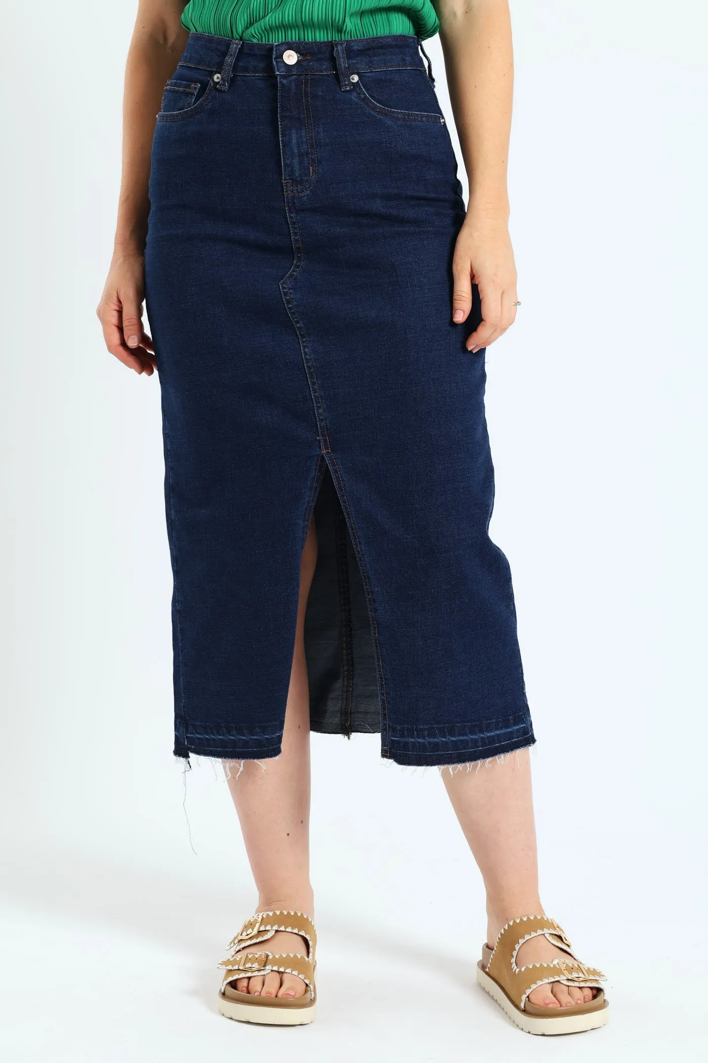 Raw Hem Front Slit Denim Midi Skirt - Dark Wash Ink