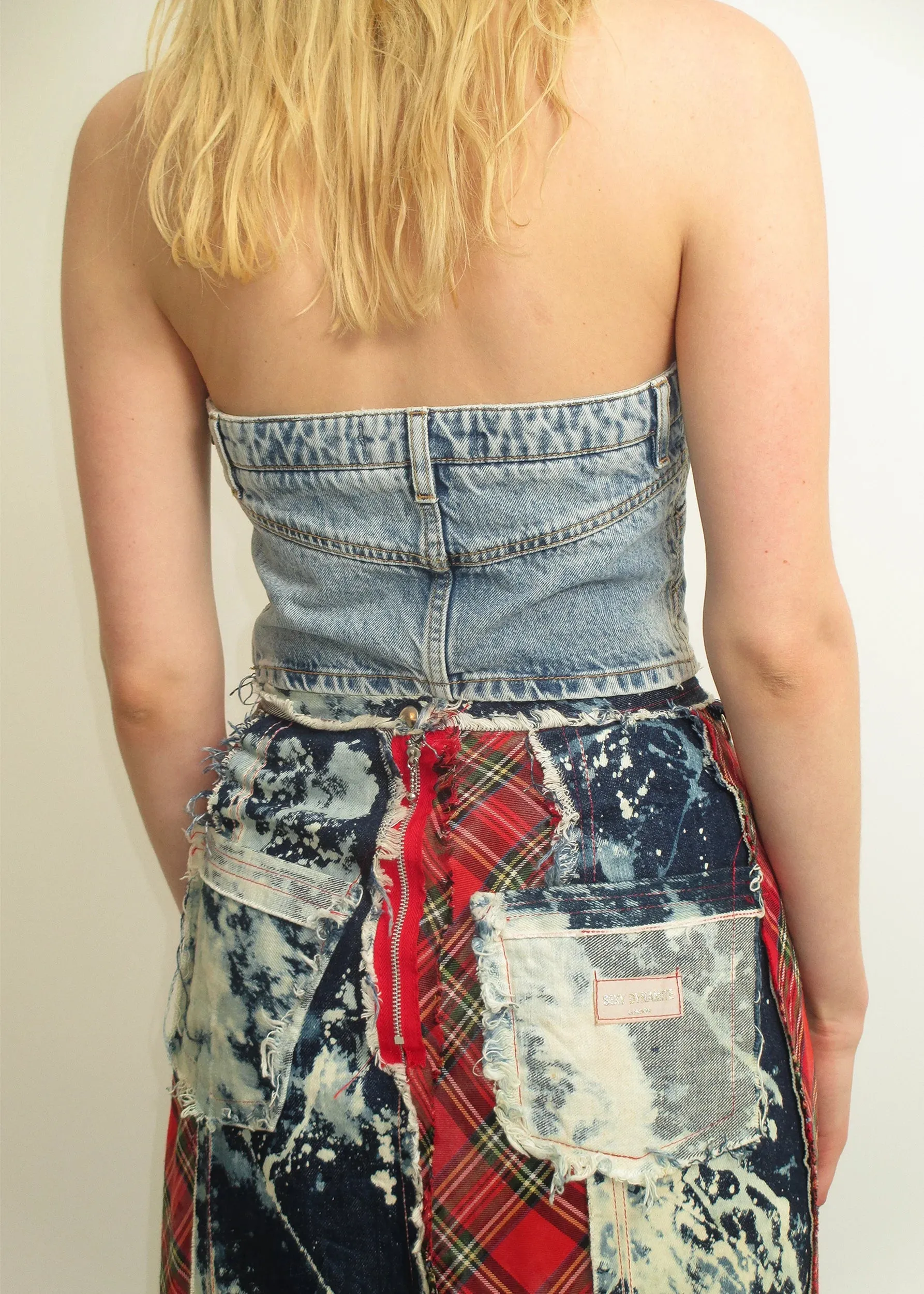 Reconstructed bleached denim/ tartan maxi skirt