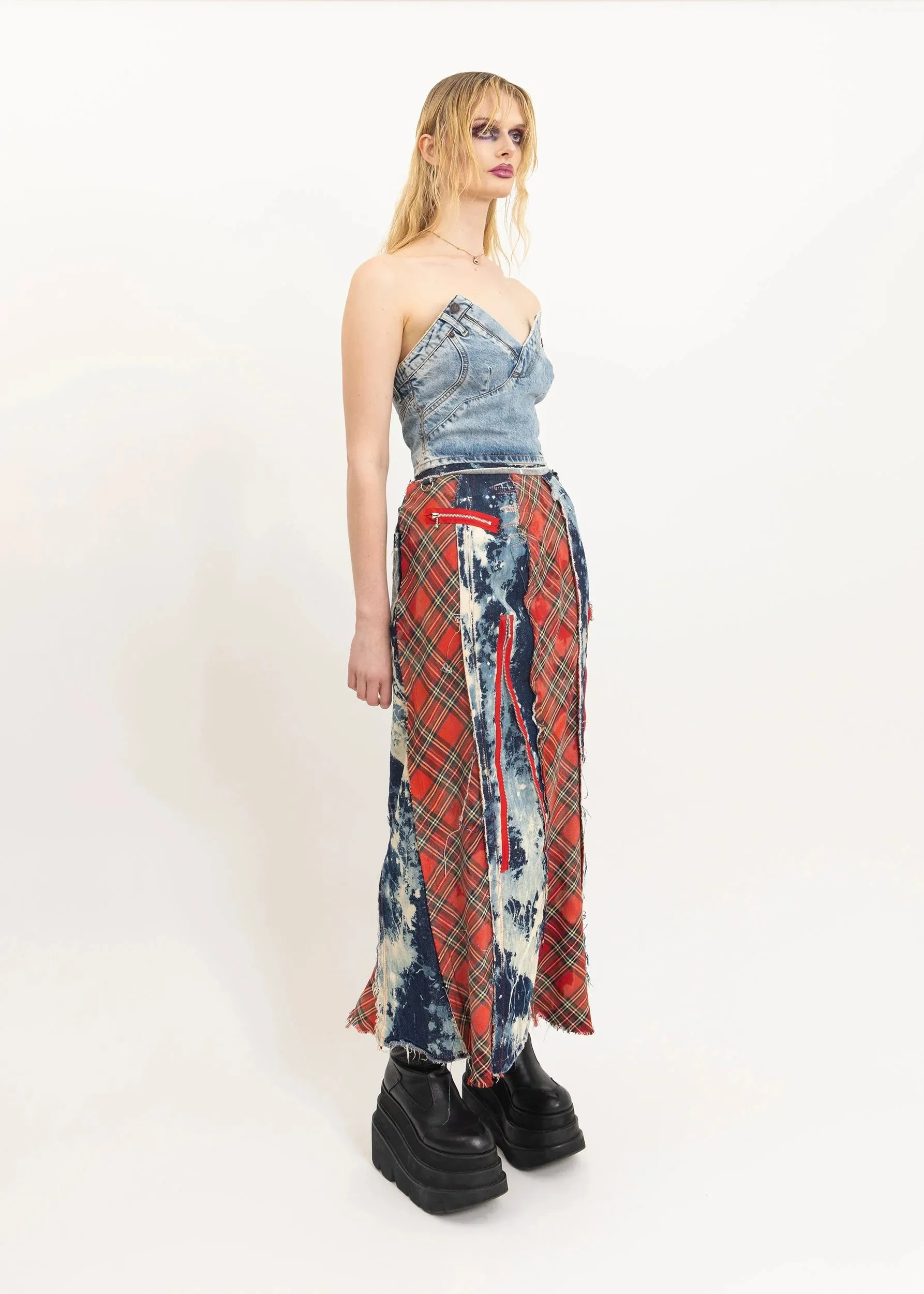 Reconstructed bleached denim/ tartan maxi skirt