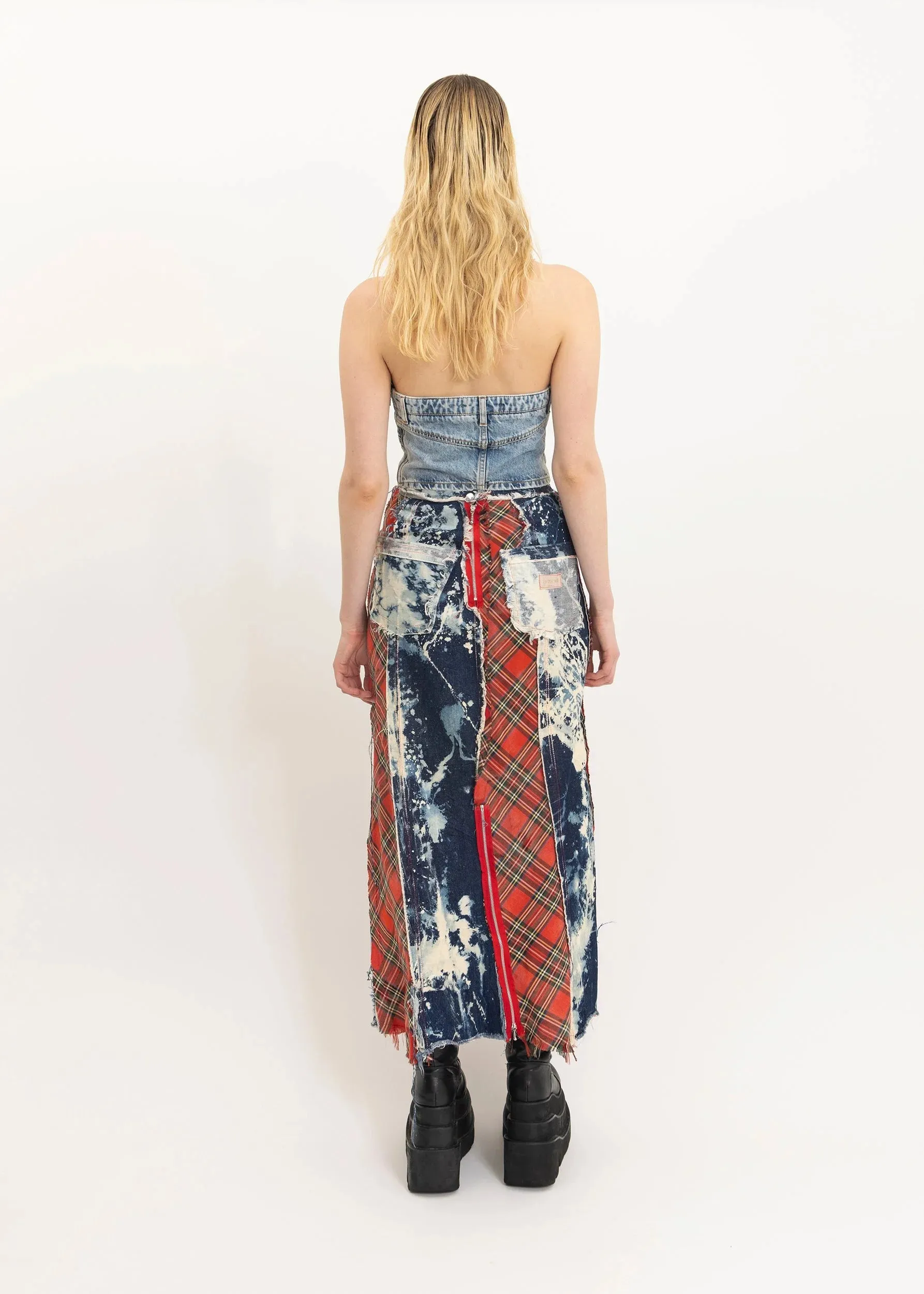 Reconstructed bleached denim/ tartan maxi skirt