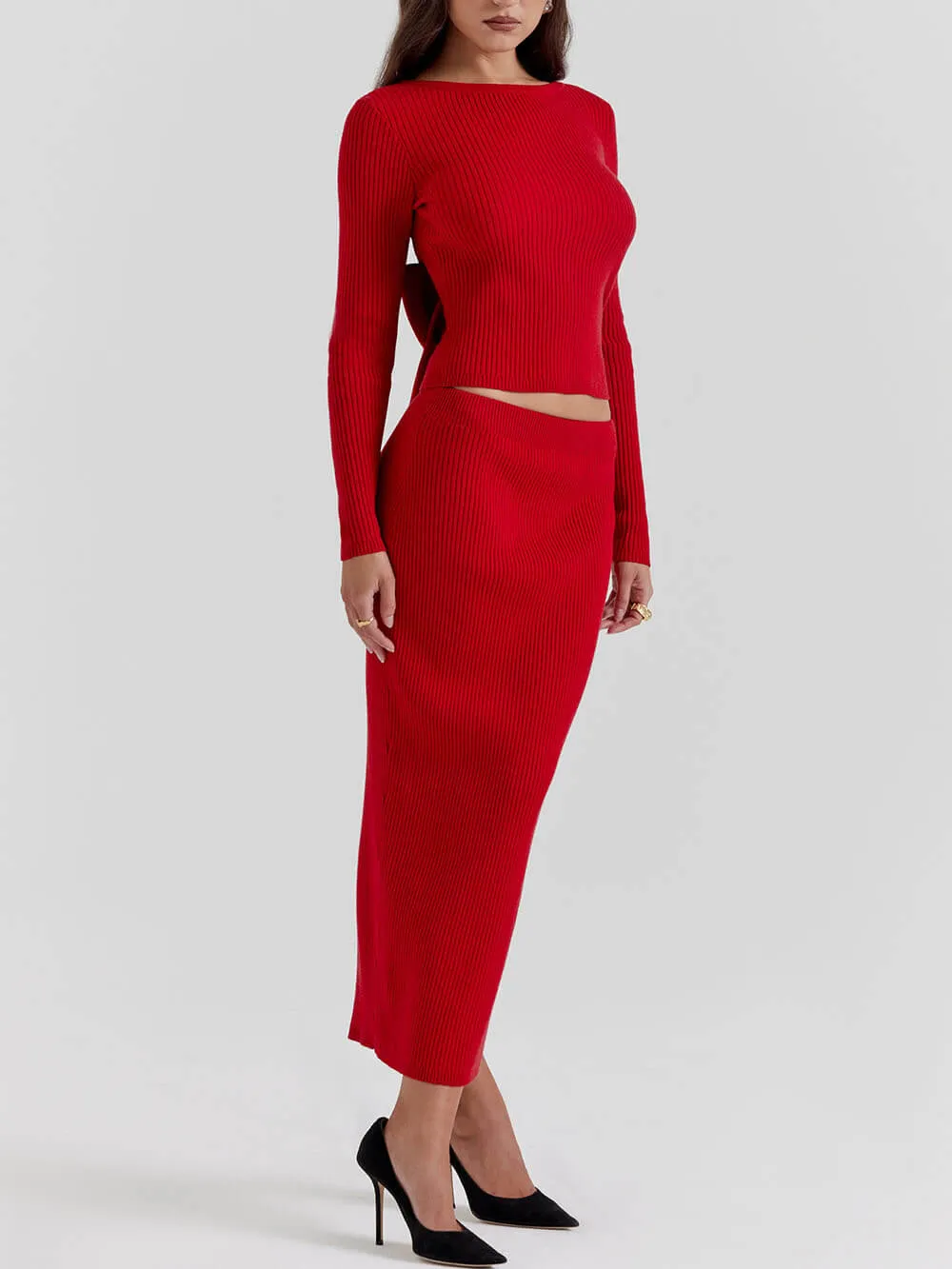 Red Knit-Blend Stylish Maxi Skirt