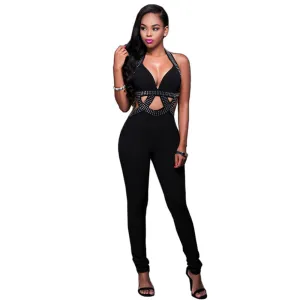 Rivet Strap Jumpsuit Bodysuit Sleeveless Off Shoulder Deep V
