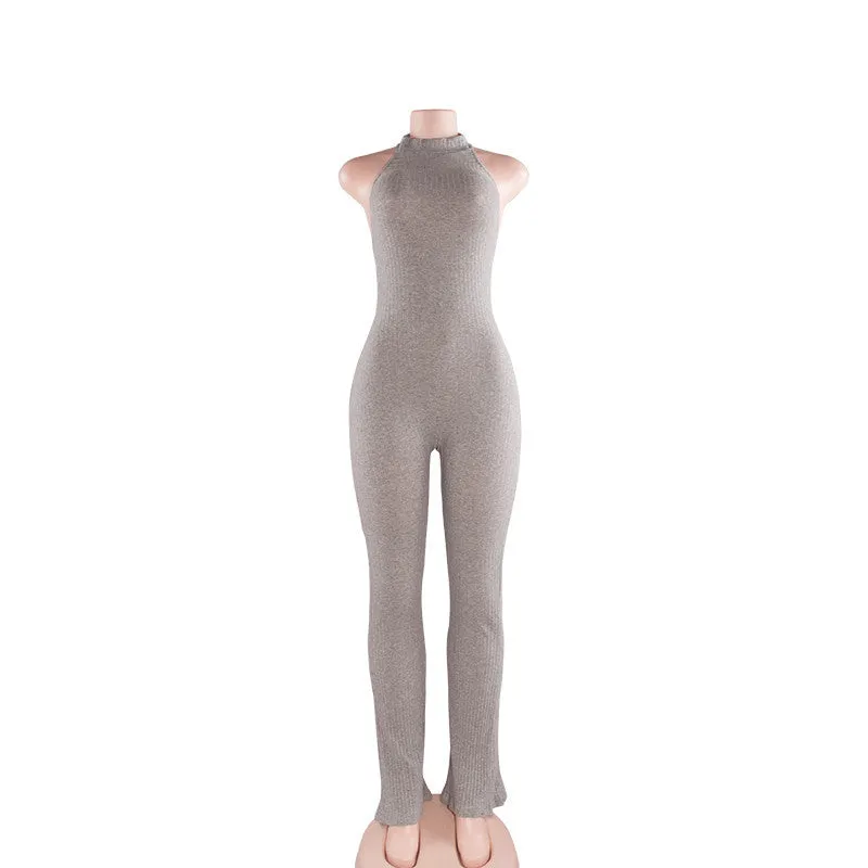 Rompers Women Jumpsuit Fashion Solid Color Sleeveless Sexy Backless Round Neck Knitted Bodycon Grey Long Pant Jumpsuits