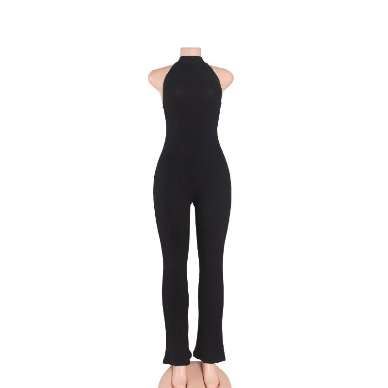 Rompers Women Jumpsuit Fashion Solid Color Sleeveless Sexy Backless Round Neck Knitted Bodycon Grey Long Pant Jumpsuits