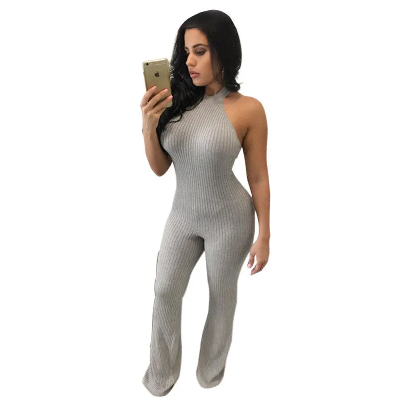 Rompers Women Jumpsuit Fashion Solid Color Sleeveless Sexy Backless Round Neck Knitted Bodycon Grey Long Pant Jumpsuits