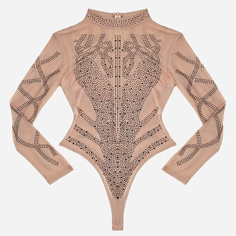 Sexy Gold Diamond Long Sleeve Turtleneck Bodysuit