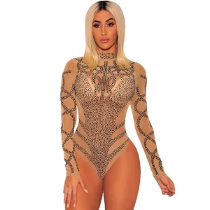 Sexy Gold Diamond Long Sleeve Turtleneck Bodysuit