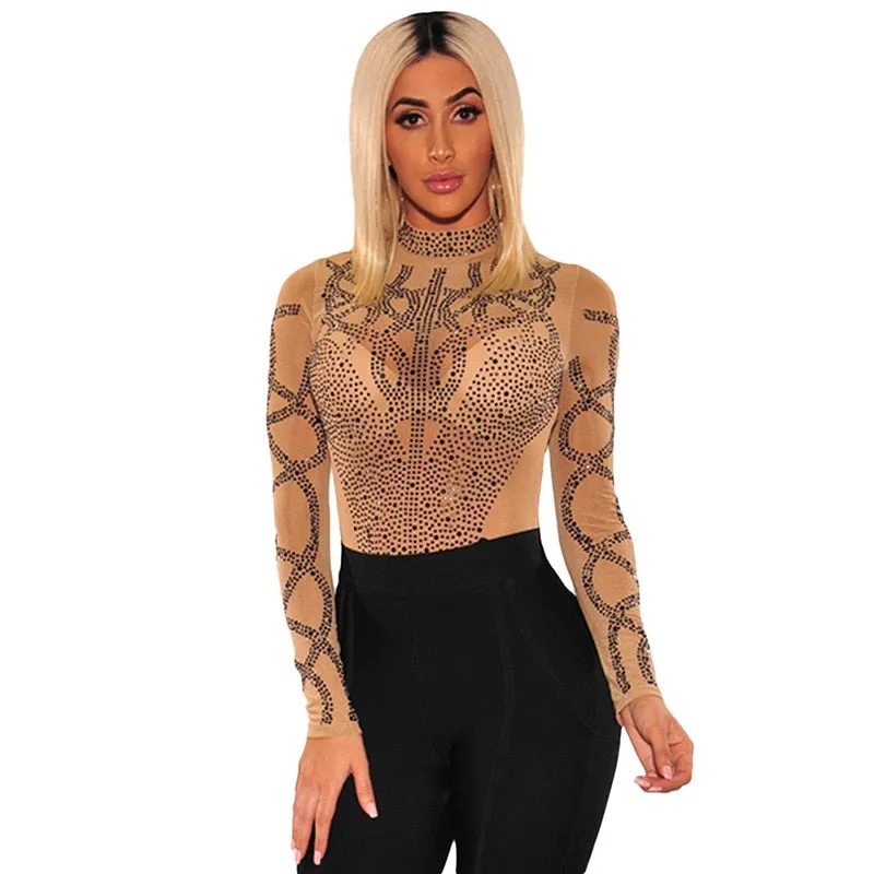 Sexy Gold Diamond Long Sleeve Turtleneck Bodysuit