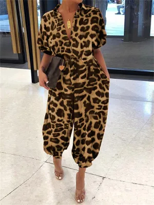 Sexy Leopard Print Retro Jumpsuits Cargo Pants