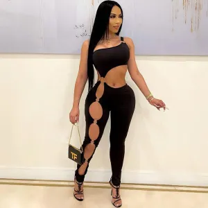 Sexy One Shoulder Bodycon Jumpsuit Sleeveless Hollow Out One Piece