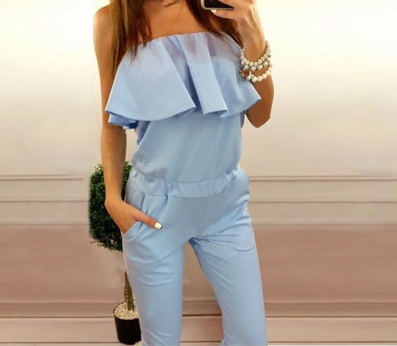 Sexy Rompers Womens Jumpsuit Strapless Elegant Jumpsuit Pink/Blue Ruffles Combinaison Femme Playsuit Overalls Monos