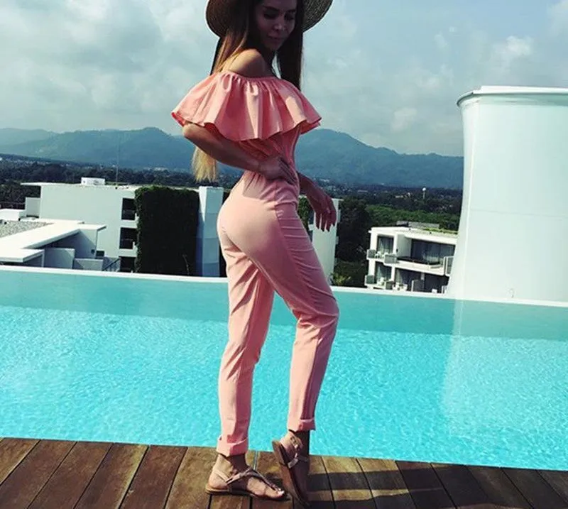 Sexy Rompers Womens Jumpsuit Strapless Elegant Jumpsuit Pink/Blue Ruffles Combinaison Femme Playsuit Overalls Monos