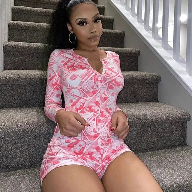 Sexy Women Bodysuit Long Sleeve Deep V Neck Bodycon Stretch Leotard Crop Top Button Short Romper Pajamas Women Jumpsuit Overalls