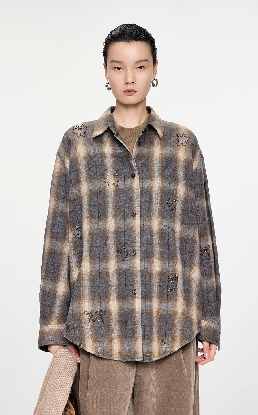 Shirt / JNBY Butterfly Pattern Plaid Shirt