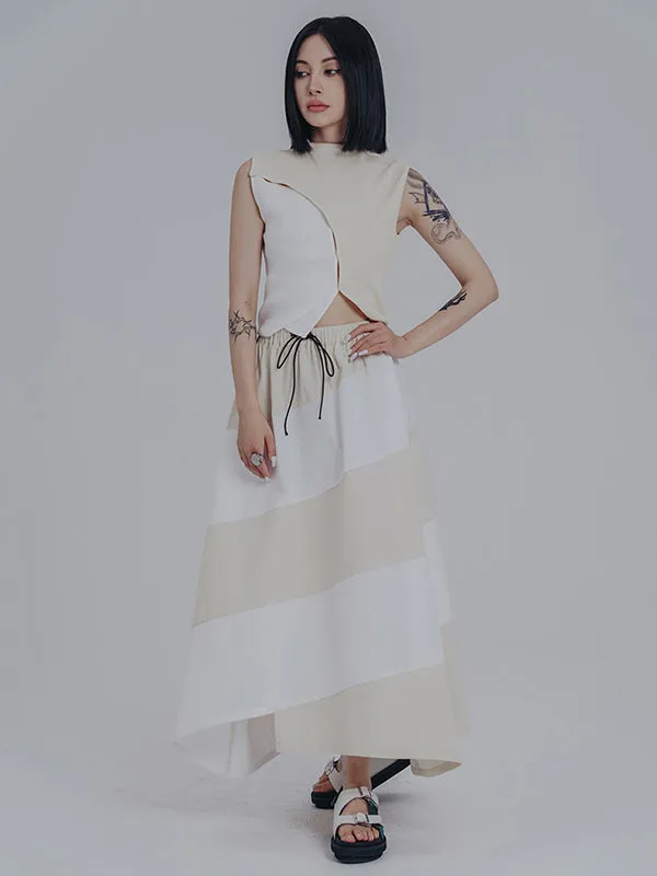 Simple Drawstring Waisted Contrast Color A-Line Skirt