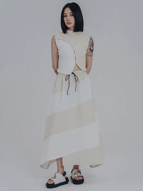 Simple Drawstring Waisted Contrast Color A-Line Skirt