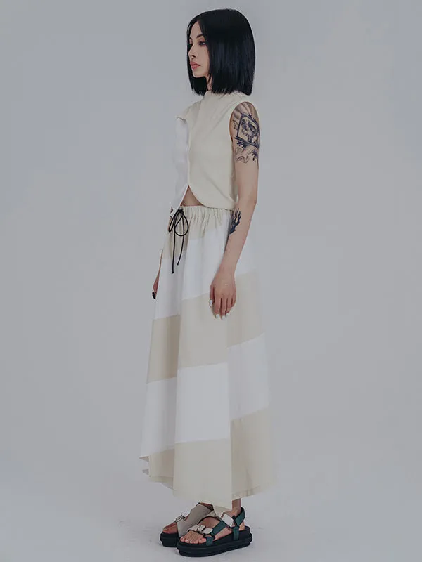 Simple Drawstring Waisted Contrast Color A-Line Skirt