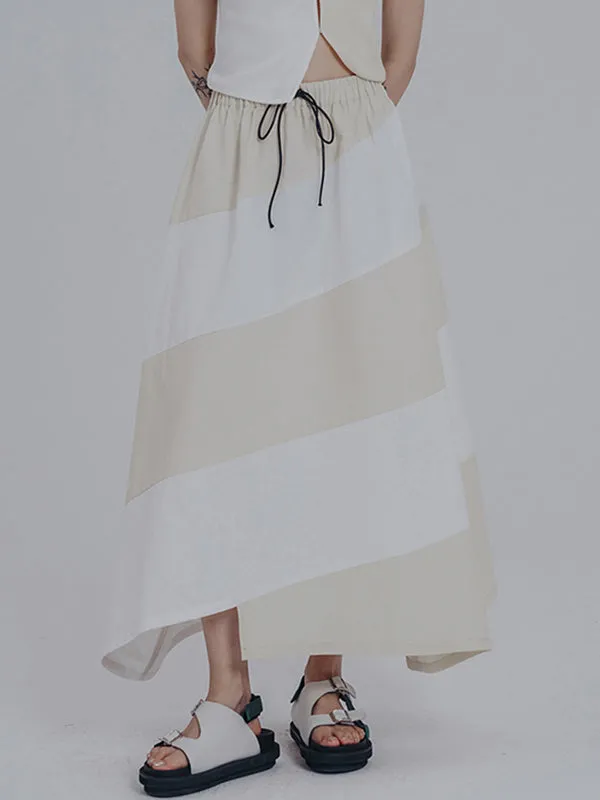 Simple Drawstring Waisted Contrast Color A-Line Skirt