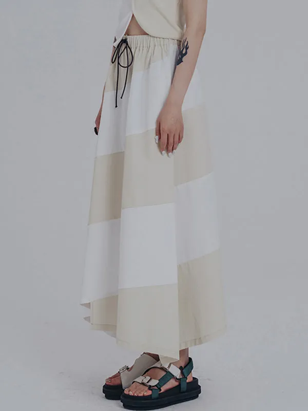 Simple Drawstring Waisted Contrast Color A-Line Skirt