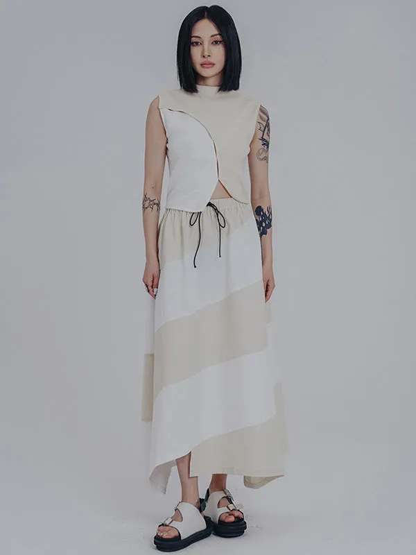 Simple Drawstring Waisted Contrast Color A-Line Skirt