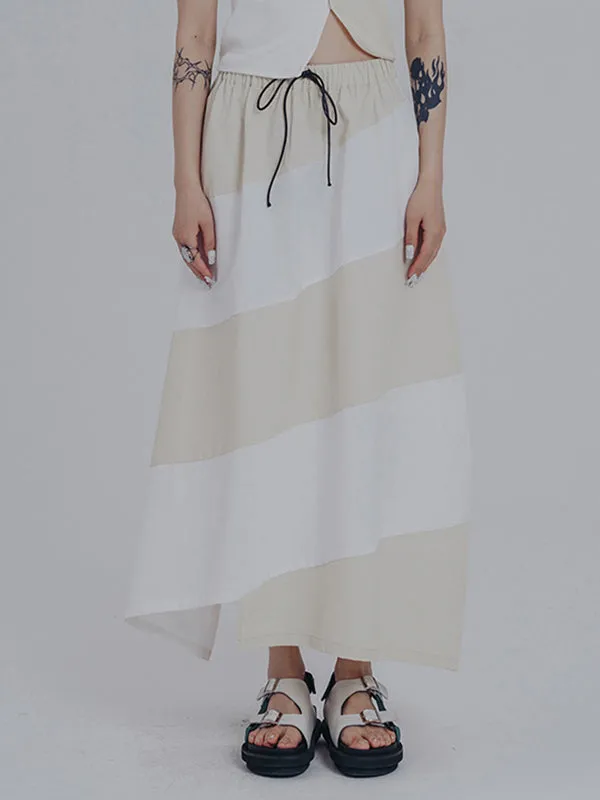 Simple Drawstring Waisted Contrast Color A-Line Skirt