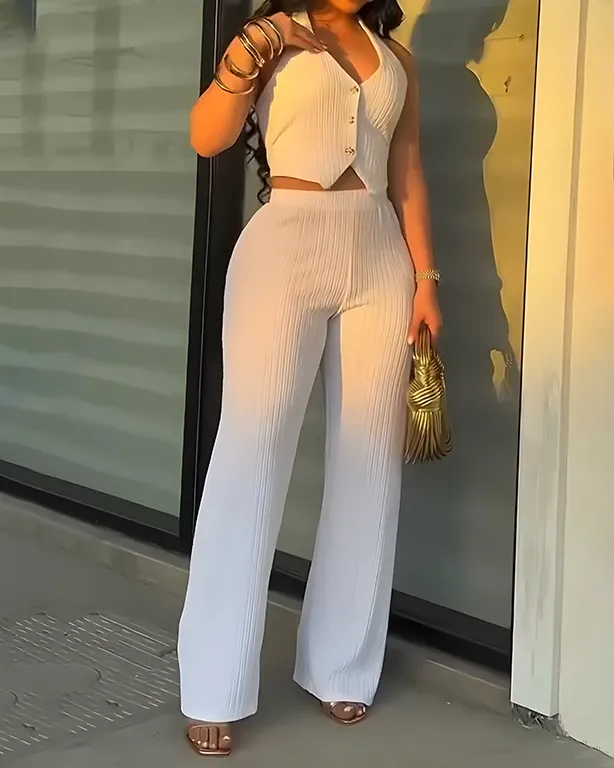 Sleeveless Halter Neck Slim Fit Wide-Leg 2-Piece Set