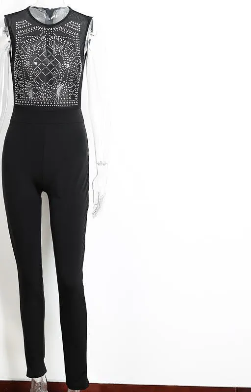 Sleeveless o neck rhinestone summer jumpsuit romper Mesh party bodycon overalls Women clubwear long pants playsuit