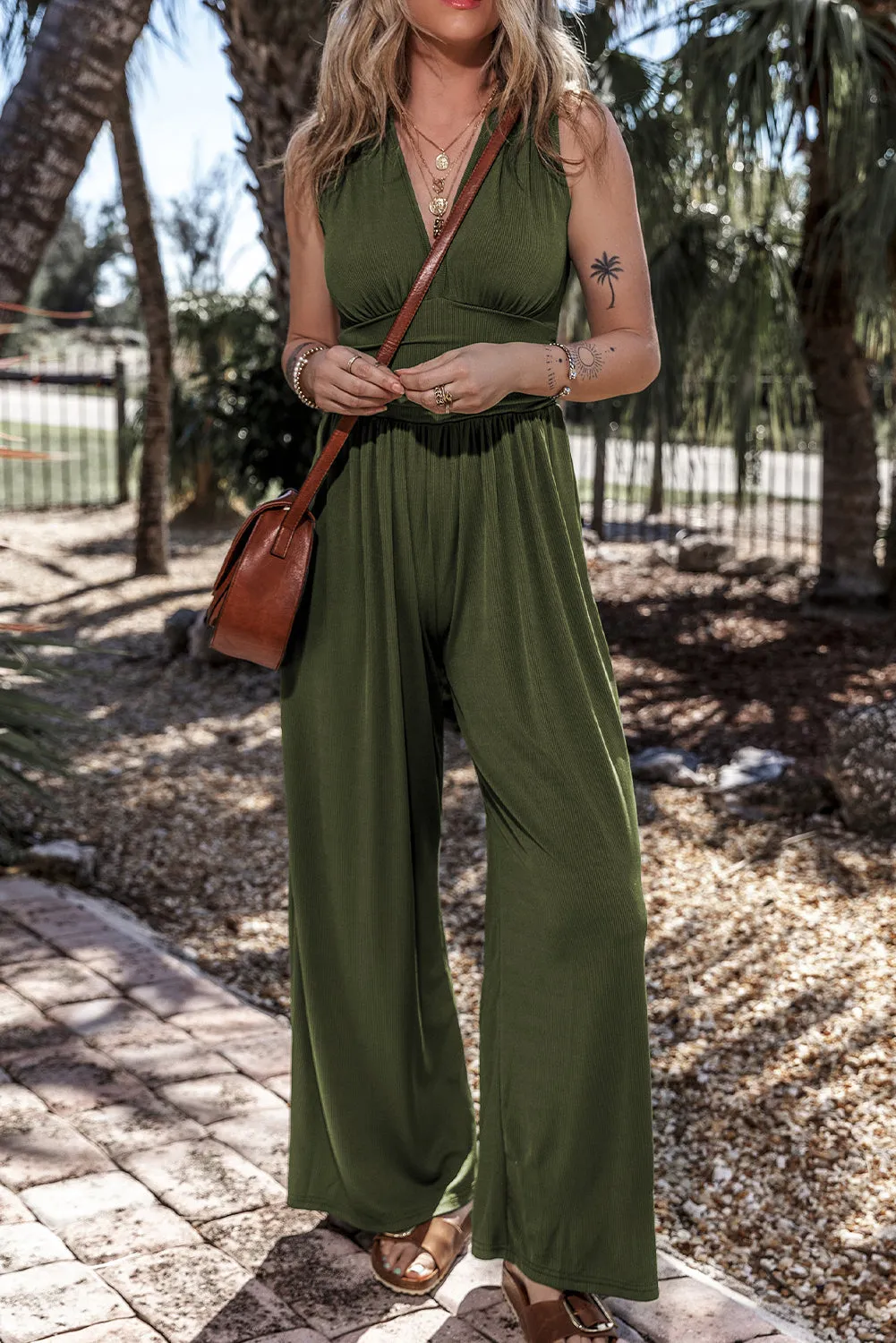 Sleeveless Ruched Wide Leg Jumpsuit