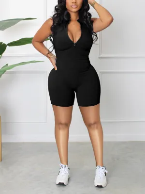 Sleeveless Zipper Ribbed Romper