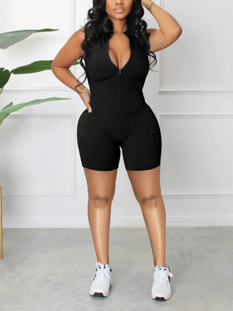 Sleeveless Zipper Ribbed Romper