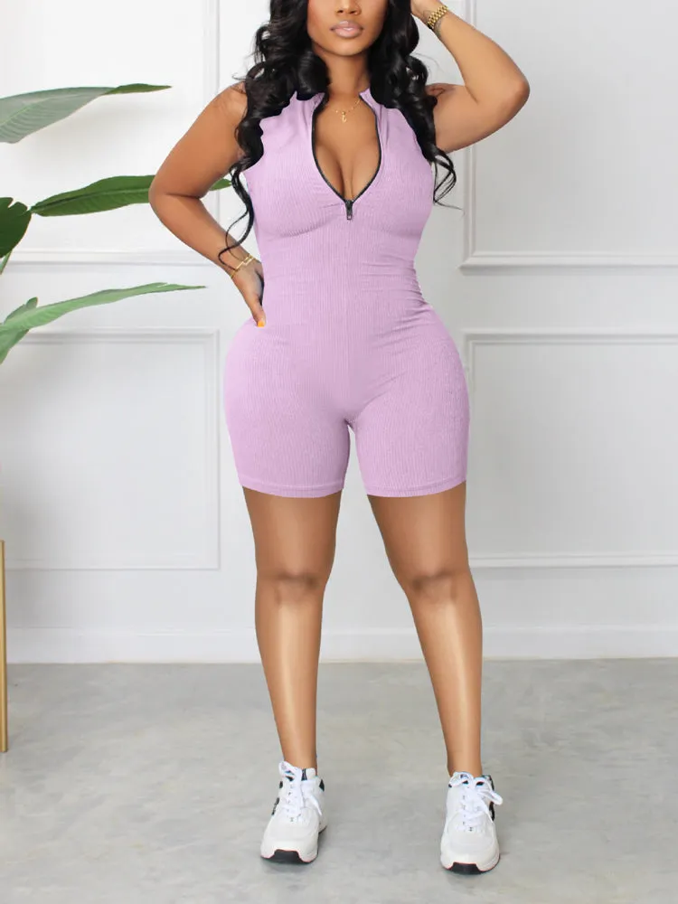 Sleeveless Zipper Ribbed Romper