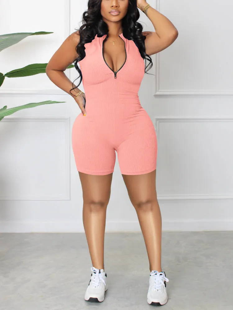 Sleeveless Zipper Ribbed Romper