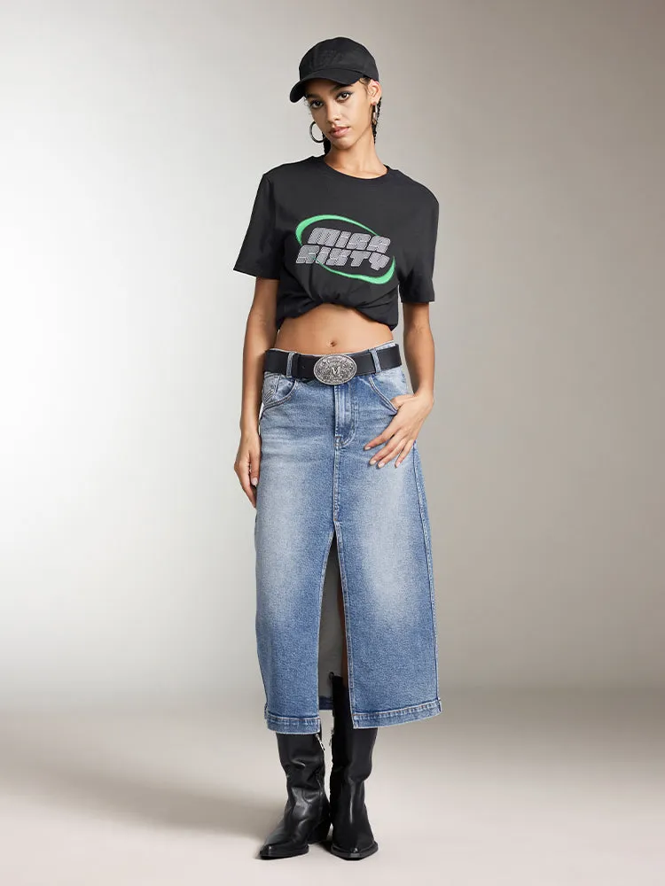 Slit Denim Maxi Skirt In Blue