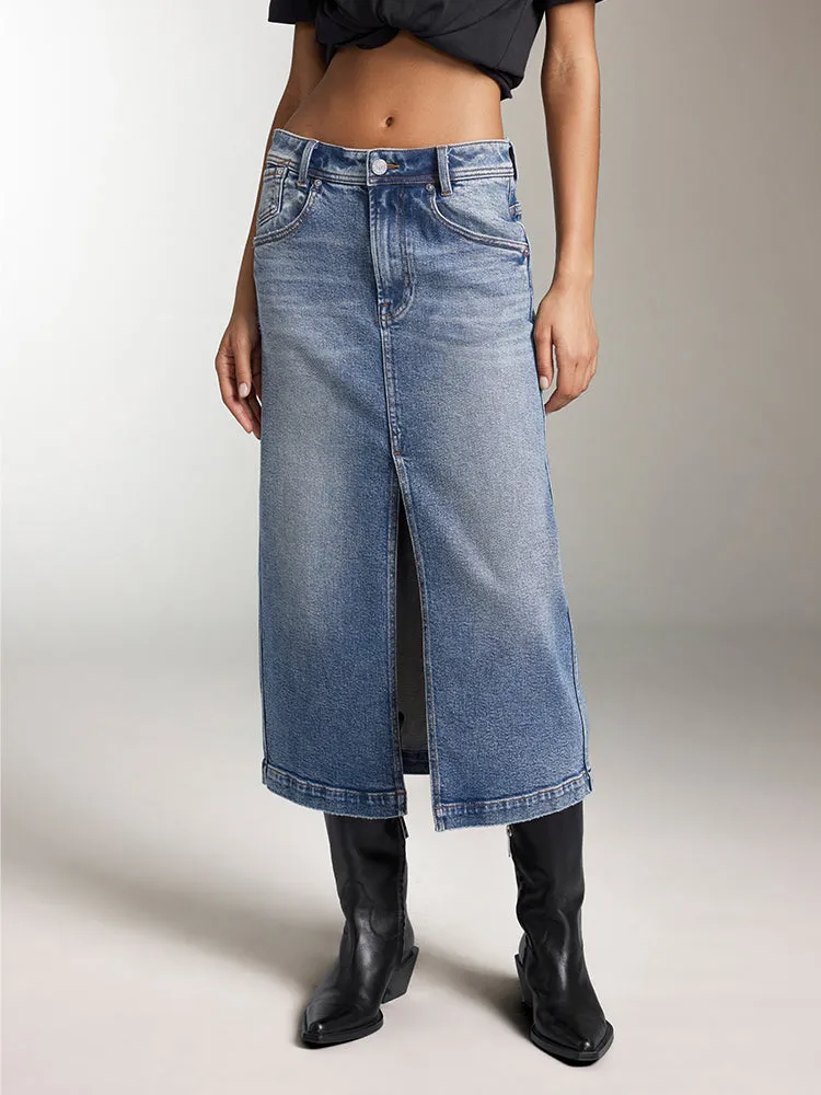 Slit Denim Maxi Skirt In Blue