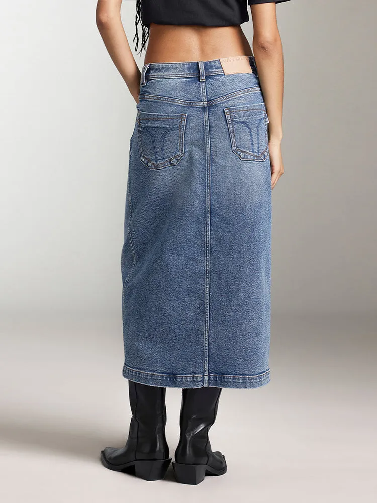 Slit Denim Maxi Skirt In Blue