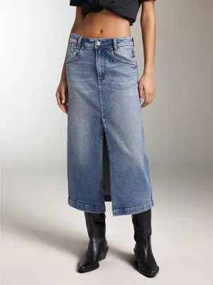 Slit Denim Maxi Skirt In Blue