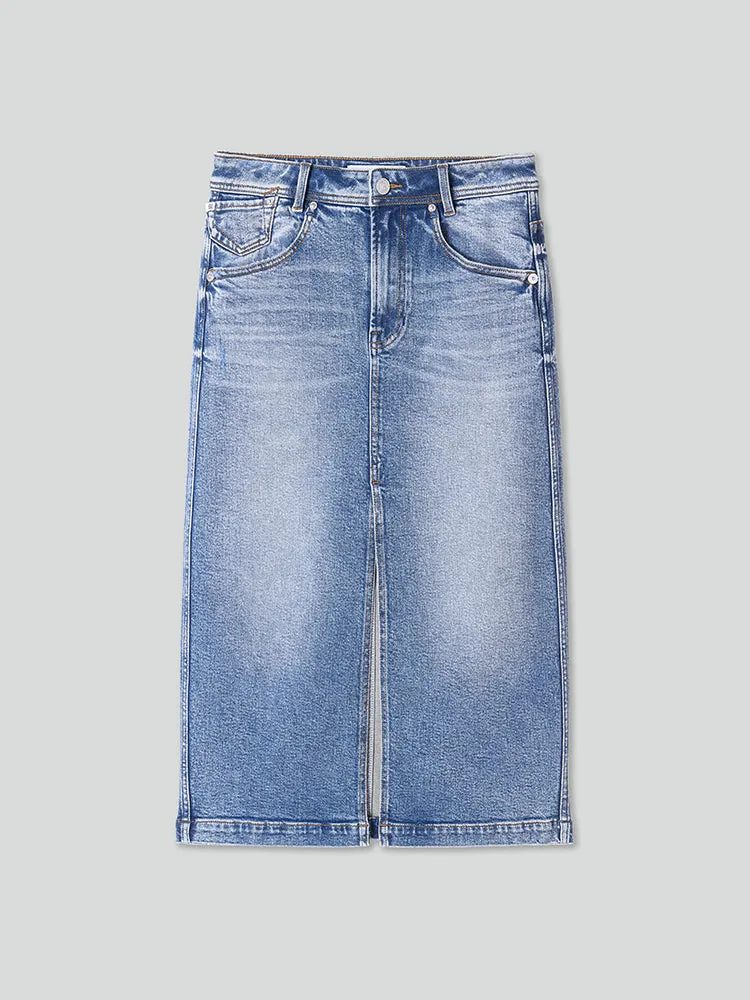 Slit Denim Maxi Skirt In Blue