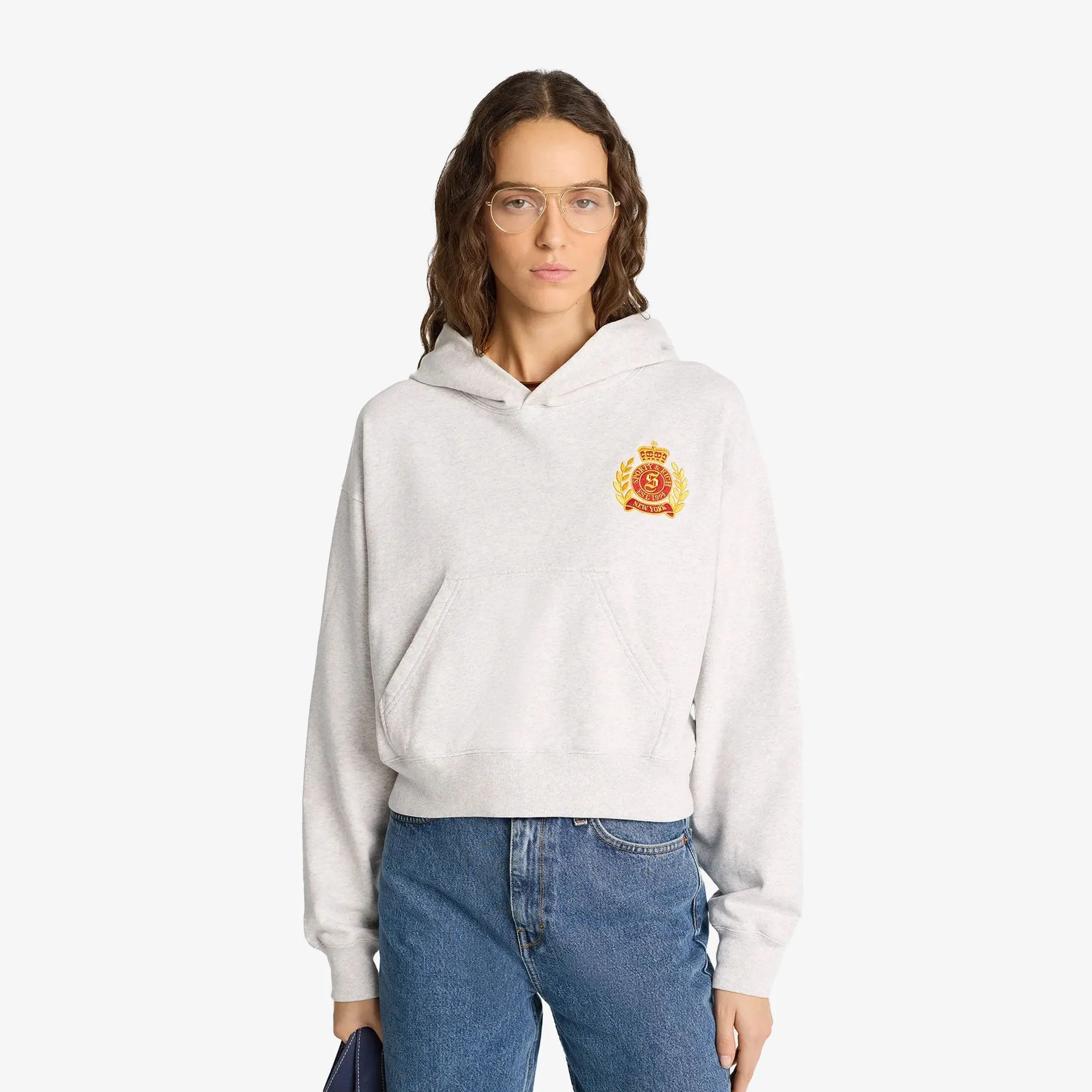 SPORTY & RICH | NY CREST CROPPED HOODIE { GRAY/GOLD