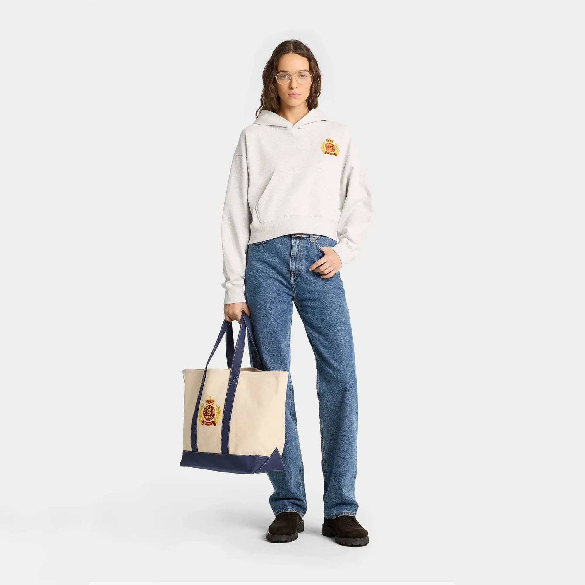 SPORTY & RICH | NY CREST CROPPED HOODIE { GRAY/GOLD