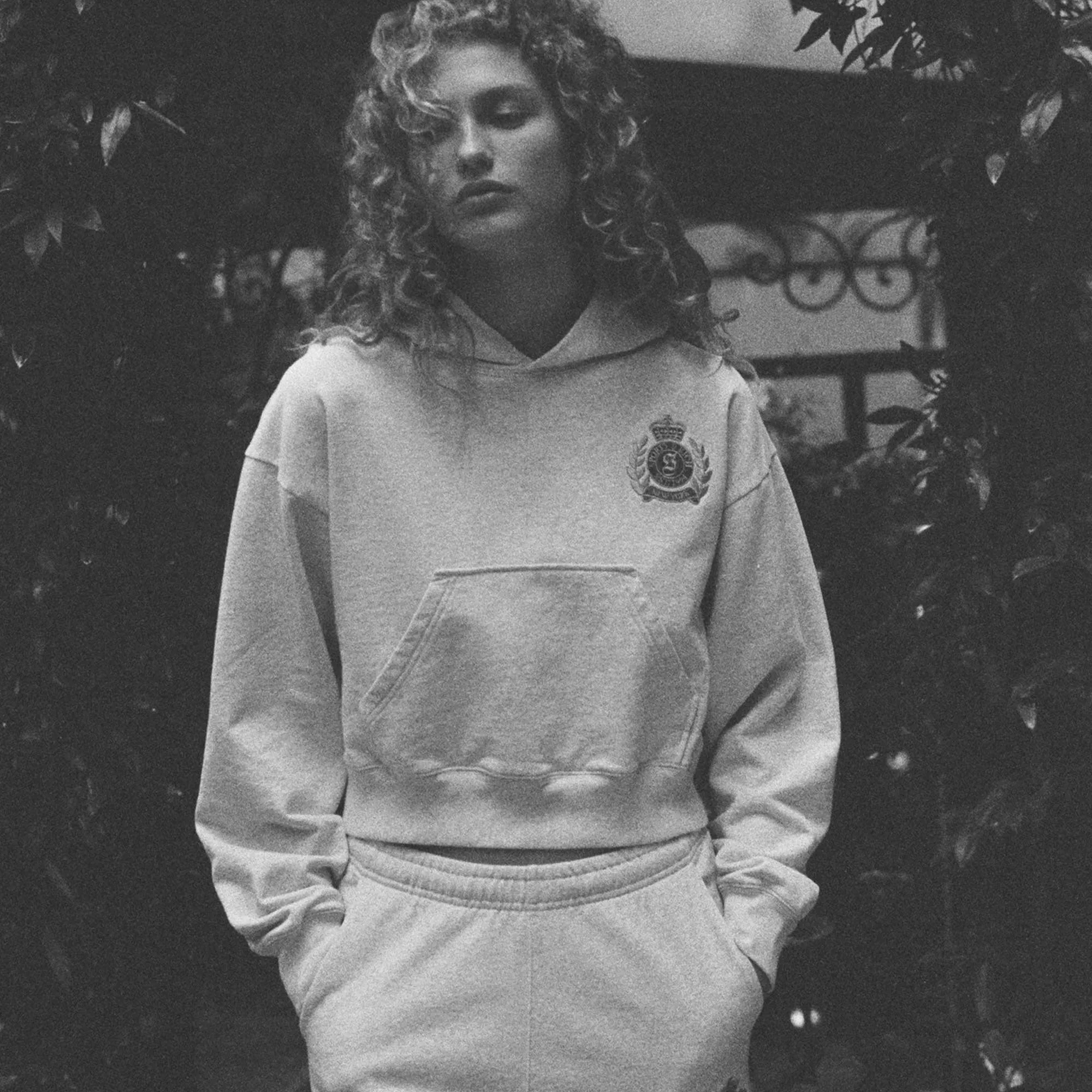 SPORTY & RICH | NY CREST CROPPED HOODIE { GRAY/GOLD