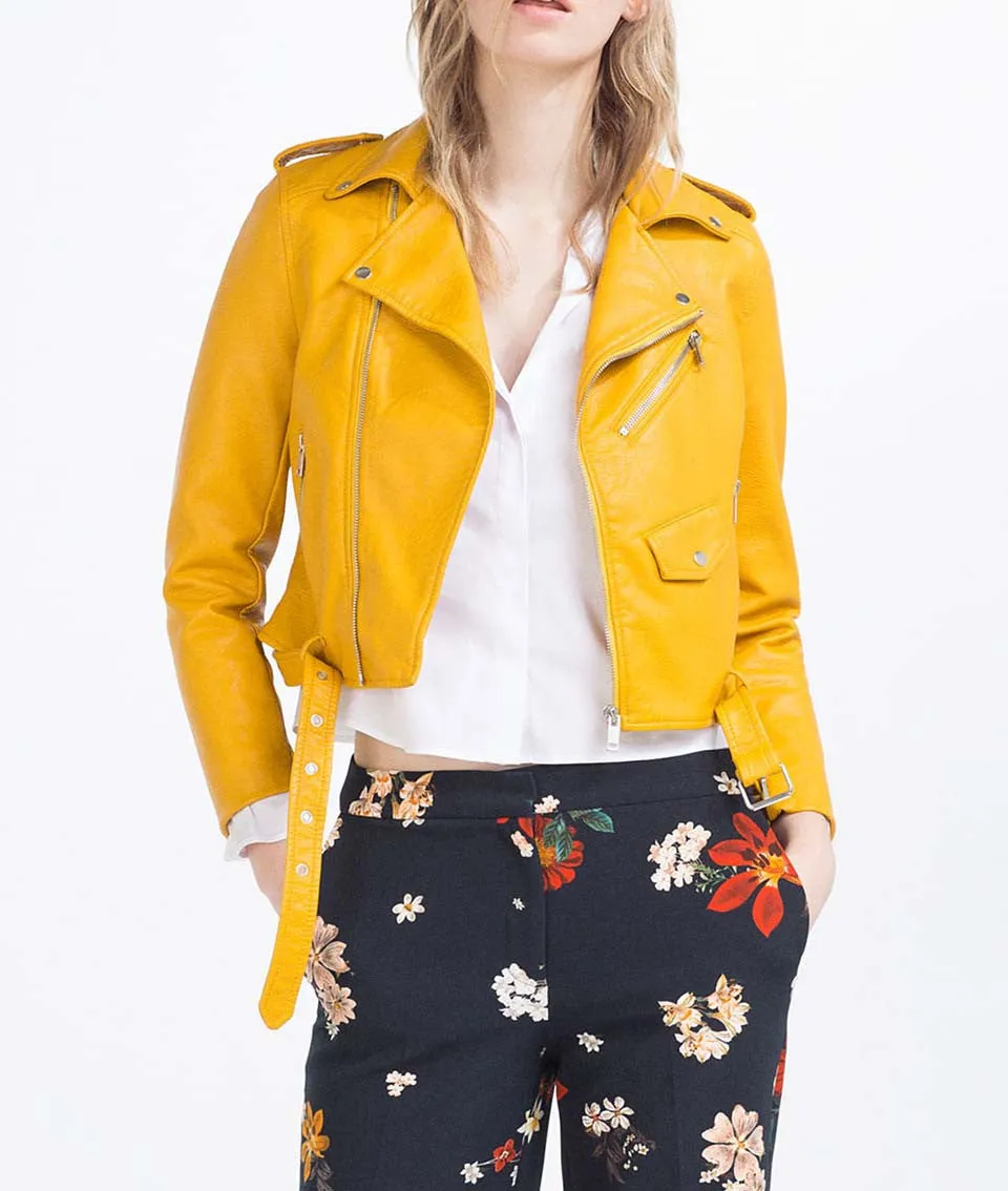 Spring Brand Women Mustard Short Faux Leather Motorcycle Cropped Biker jackets Hem belted Zips details