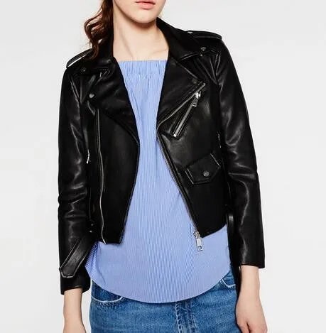 Spring Brand Women Mustard Short Faux Leather Motorcycle Cropped Biker jackets Hem belted Zips details