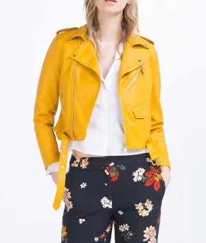 Spring Brand Women Mustard Short Faux Leather Motorcycle Cropped Biker jackets Hem belted Zips details