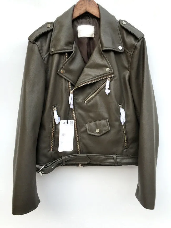 Spring Brand Women Mustard Short Faux Leather Motorcycle Cropped Biker jackets Hem belted Zips details