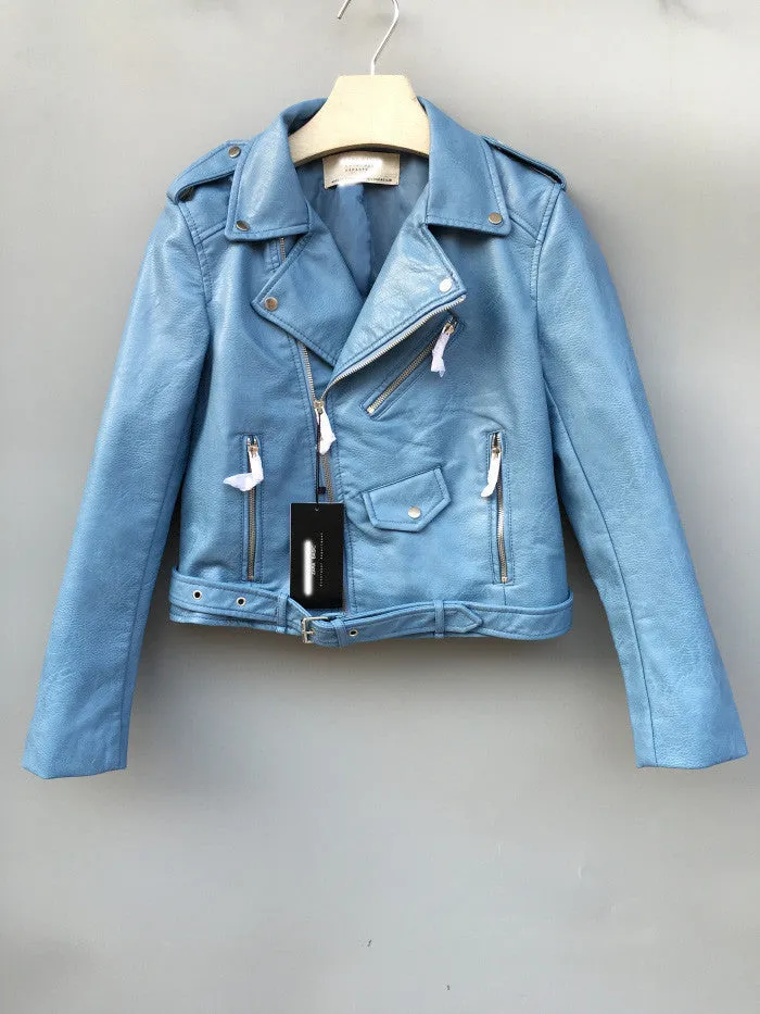 Spring Brand Women Mustard Short Faux Leather Motorcycle Cropped Biker jackets Hem belted Zips details